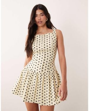 Kaiia Exclusive High Square Neck Button Front Gathered Skirt Mini Dress - Natural