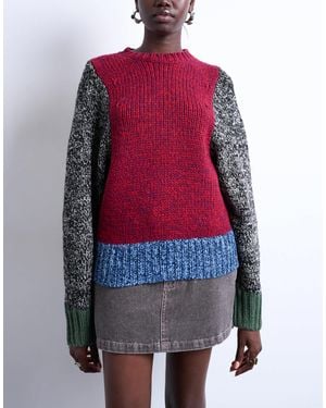 TOPSHOP Knit Twist Yarn Patchwork Volume Sleeve Sweater - Red