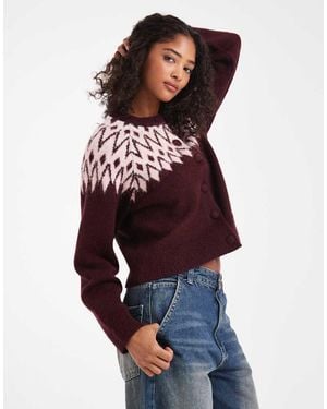New Look Fair Isle Crew Neck Cardigan - Red
