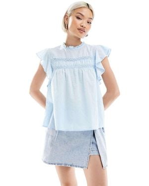 Vero Moda High Neck Flutter Sleeved Embroidered Top - Blue
