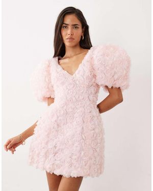 ASOS 3D Floral Puff Sleeve Mini Dress - Pink