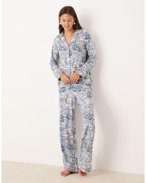 Chelsea Peers – pyjama aus polyester mit tiger- und wolkenprint, bestehend aus langärmligem oberteil mit reverskragen und hose - Weiß