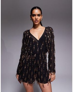 ASOS Mono Corto Con Cuerpo Estilo Blusón Y Diseño Integral Con Abalorios De - Gris