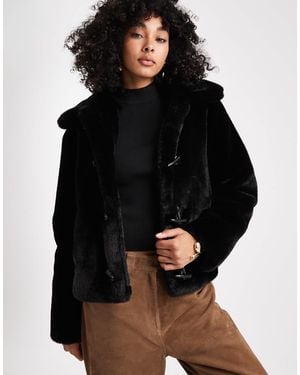 Brave Soul Faux Fur Short Duffle Coat With toggle Detail - Black