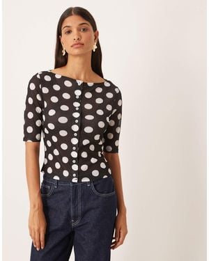 ASOS Gauzy Rib Polka Dot Half Sleeve Button Through - Black