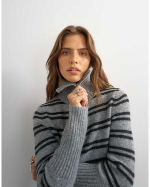 TOPSHOP Maglione A Righe Lavorato A Maglia Con Mezza Zip E Collo Alto Con Lana - Grigio