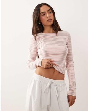 Gina Tricot Jersey Rib Round Neck Long Sleeve Top - Pink