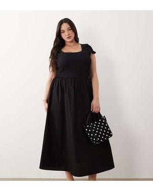 Nobody's Child Jersey Scoop Neck Short Sleeve Shirred Bodice Midi Dress - Black
