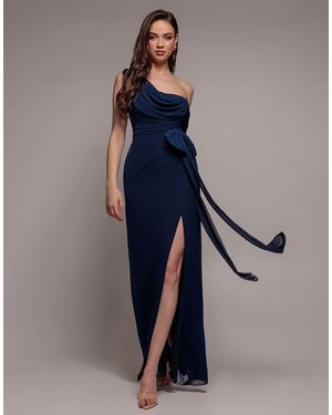 Goddiva One Shoulder Cowl With Bow Detail Maxi Dress - Blue