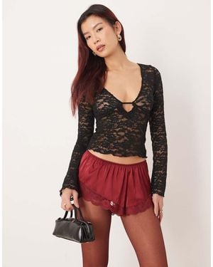 Motel Mahota Deep Plunge Long Sleeve Lace Top - Red