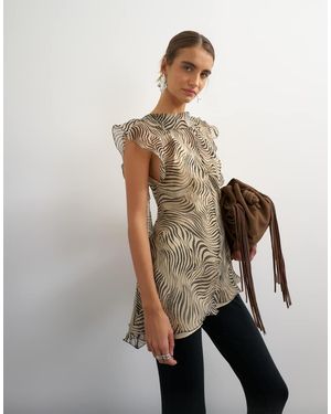 TOPSHOP Top Semitransparente Con Cuello Drapeado Y Estampado De Cebra En Blanco Y Negro - Neutro