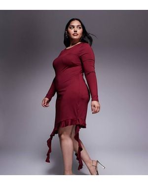Renee Studio Double Sculpted Slinky Long Sleeve Asymmetric Frill Hem Drape Detail Mini Dress - Red