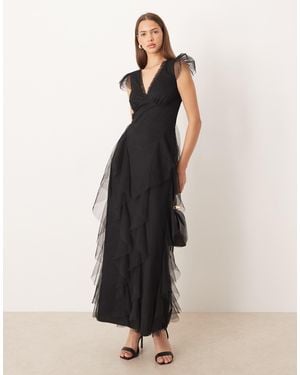 LACE & BEADS Sheer Cap Sleeve Ruffle Maxi Dress - Natural