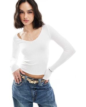 Stradivarius V Neck Long Sleeve Jersey Top - White