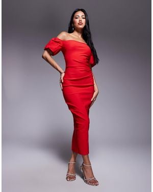 Vesper Bengaline Bardot Puff Sleeve Ruched Side Midaxi Dress - Red