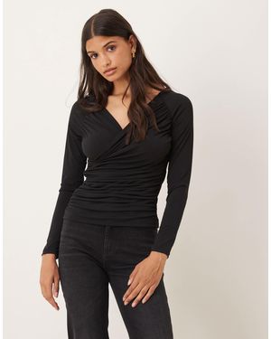Aware Slinky Wrap Front Drapey Top - Black