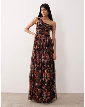 LACE & BEADS Tulle One Shoulder Maxi Dress - Brown