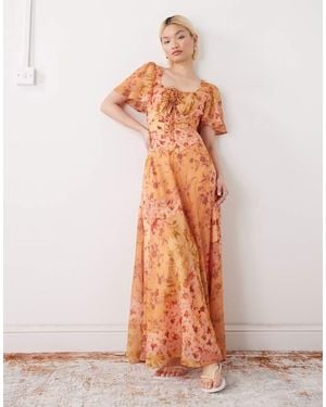 Reclaimed Vintage Maxi Tea Dress With Double Cape Sleeve And Godets - Orange