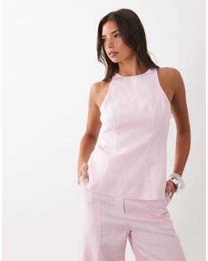 Forever New Linen Blend Round Neck Sleeveless Tailored Top Co-ord - Pink