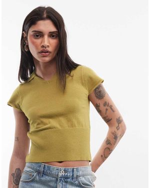 Reclaimed Vintage Knitted Short Sleeve Fitted Top With Polo Collar Detail - Green