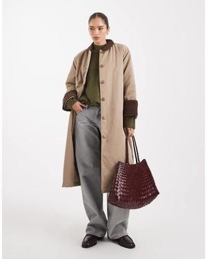 Pieces Longline Trench Coat With Collar Detail - Brown