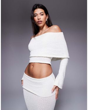 Wanderdoll Yasmin Off The Shoulder Boucle Knit Dramatic Foldover Flared Sleeve Top - Grey