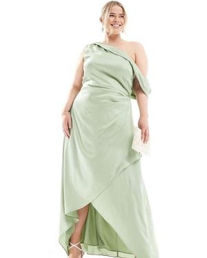 Tfnc Plus Bridesmaid Satin Fallen Shoulder Maxi Dress With Wrap Skirt - Green