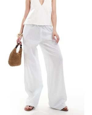 Monki Wide Leg Drawstring Seersucker Pants - White