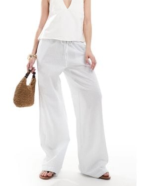 Monki Wide Leg Drawstring Seersucker Pants - White