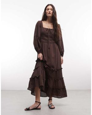 Reclaimed Vintage Midi Day Dress With Half Sleeves And Eyelet Trim - Brown