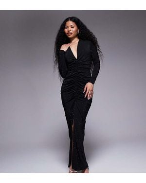TFNC London Long Sleeve Plunge Neck Embelished Maxi Dress - Black