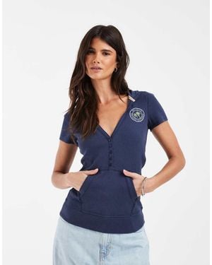 Hollister Short Sleeve Hooded Henley Top - Blue