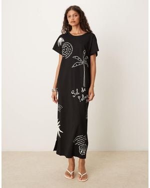 Never Fully Dressed Palma Print Jersey Off Shoulder Midaxi Dress - Black