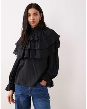 Glamorous Blusa Accollata Bohémien Nera Con Volant - Nero