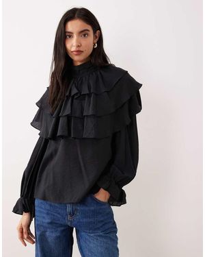 Glamorous Blusa Negra De Estilo Bohemio Con Cuello Alto Y Volantes De - Negro