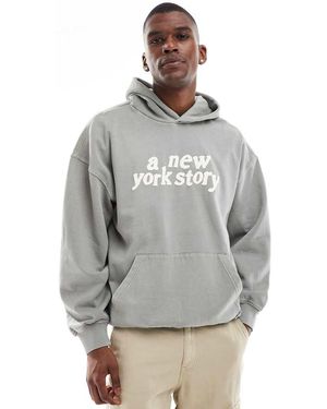 Only & Sons Sudadera Gris Claro Lavado Holgada Con Capucha Y Estampado "Ny" De -Verde