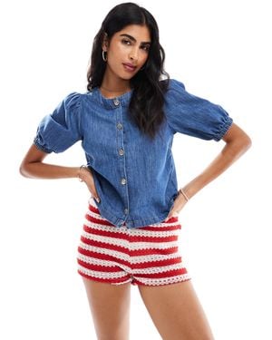 Miss Selfridge Puff Sleeve Denim Top - Blue