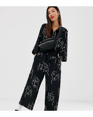 Monki Faces Print Drawstring Waist Jumpsuit - Black