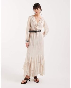 Mango Frill Detail Plunge Maxi Dress - Natural