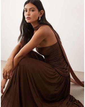 JW PEI Shawl Detail Ruched Panel Bandeau Maxi Dress - Brown