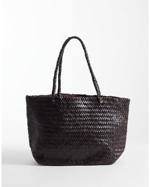 Mango 100% Leather Woven Tote - Black