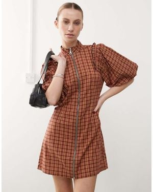 Collusion Puff Sleeve Mini Dress With Zip Detail - Brown