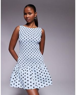 Kaiia Exclusive Shirred Bodice Drop Waist Pleated Hem Mini Dress - Blue