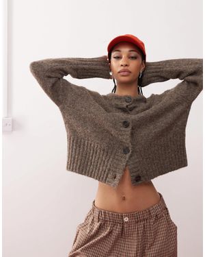 Collusion Fluffy Textured Crew Neck Cardigan - Brown