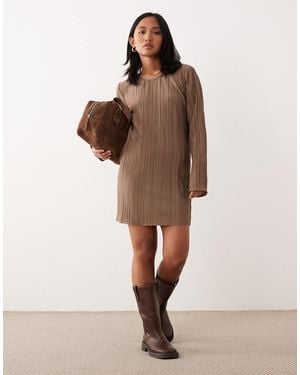 JDY Petite Plisse Flute Sleeves Mini Dress - Brown
