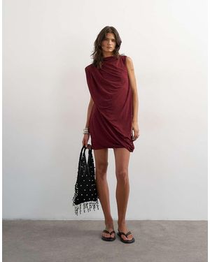 TOPSHOP Vestido Corto Drapeado Con Cuello Alto De Malla-Rojo