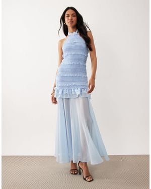 TFNC London Shirred Chiffon Ruffle Sheer Skirt Maxi Dress - Blue