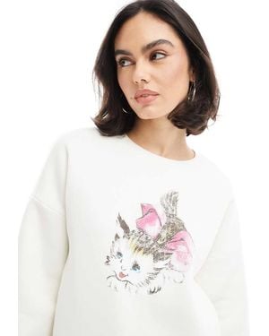 Miss Selfridge Oversized Cute Cat Bow Sweatshirt - White