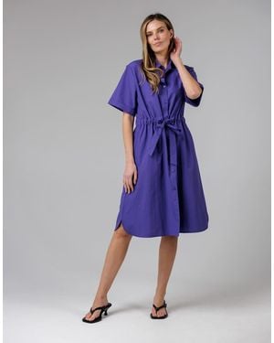 French Connection Cotton Blend Short Sleeve Tie Waist Poplin Midi Shirt Dress - Blue