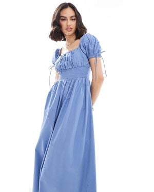 Brave Soul Milkmaid Puff Sleeve Dress - Blue